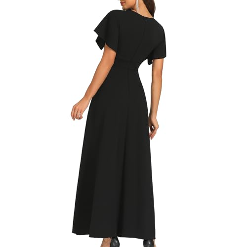 COOAN Women's Black Long Formal Dresses, Cocktail Dresses, Wedding Guest Dresses, Ruffle Division, Elegant V Neck, Party Dresses