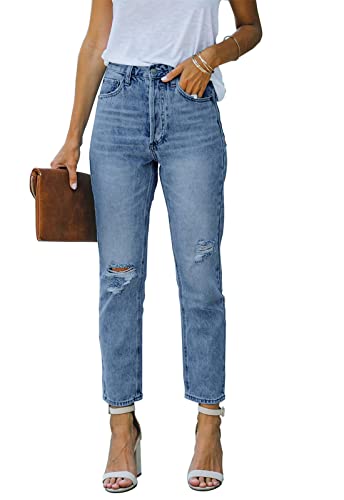 Ancapelion Damen-Jeans mit hoher Taille, Knöchel, abgenutzt, hohe Taille, gerades Bein, Stretch-Denim-Jeans, Authentisches Blau, S
