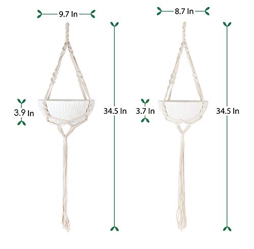 Greenaholics Hanging Plant Pots - 9.7 + 8.7 Inch Tribal Grain Ceramic Planters with Slings for Ivy Air Planting, White, Set of 2