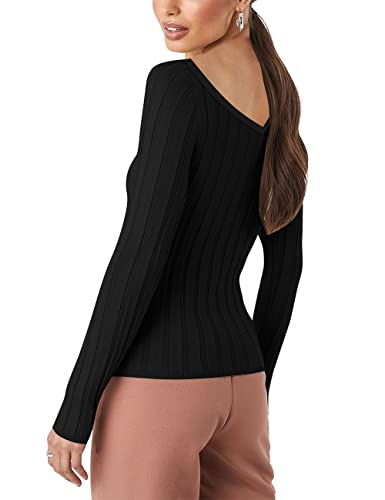 HATANT WOMEN’S RIB SWEATERS V-NECK V BACKLESS TUNIC PULLOVER SWEATER CLASSIC ELASTIC SOLID COLOR CASUAL LONG SLEEVE SWEATER FOR WOMEN V-NECK PULLOVER KNIT JUMPER TOPS WINTER CLOTHES HS-M