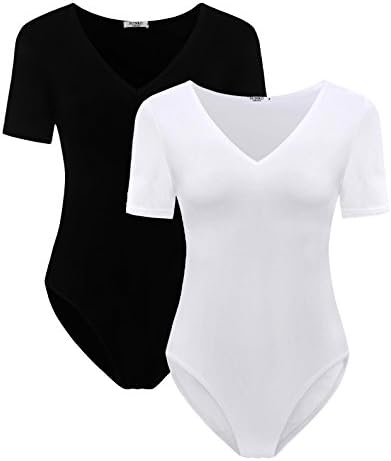 SUNRO 2 Pack Women's Sexy V Neck bodysuits Jumpsuits (XSmall, Short Sleeve (Black &amp; White 1))