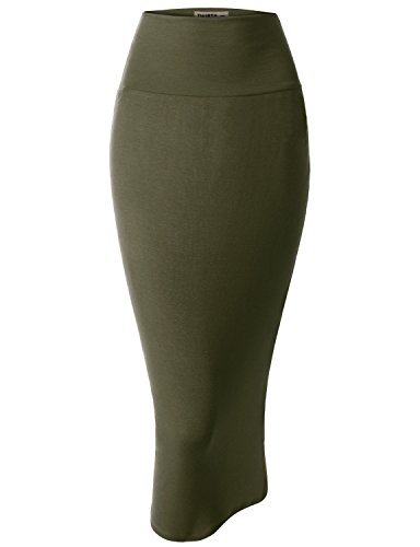 Doublju Women Stylish Thin and Stretchy Scuba Midi Skirt OLIVE,M