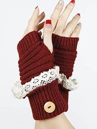 Women's Red Laced Fold Over Hand Wrist Warmer Button Accent Knitted Gloves. One Pair. 100% Acrylic. One Size.
