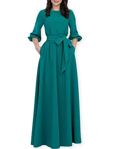 AOOKSMERY Women Elegance Audrey Hepburn Style Round Neck 3/4 Puff Sleeve Puffy Swing Maxi Dress with Belt (Dark Green Long, Large)