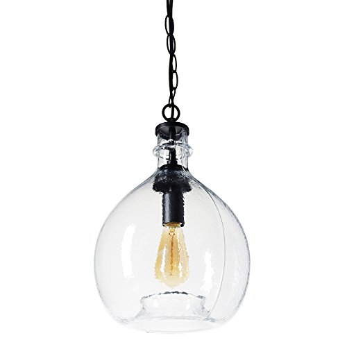 CASAMOTION Wavy Hammered Hand Blown Glass Pendant Light, 1 hanging Light, 11'' diam.16.9''h, Clear