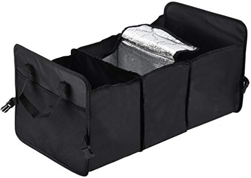 CARMAXKO Trunk Organizer Auto Storage Bag Collapsible Portable with Cooler Heat Reservation with Straps Aluminum Foil Cover for Car SUV for Road Trip (with Fine-Mesh Pockets)