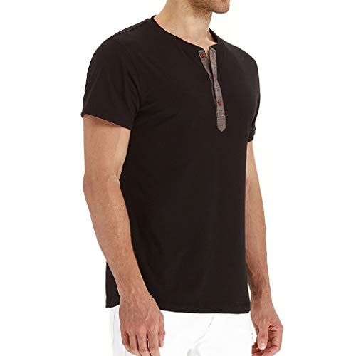 Men's Casual Vintage Short Sleeve Raglan Henley Shirts Baseball T-Shirt (XXL, Black)