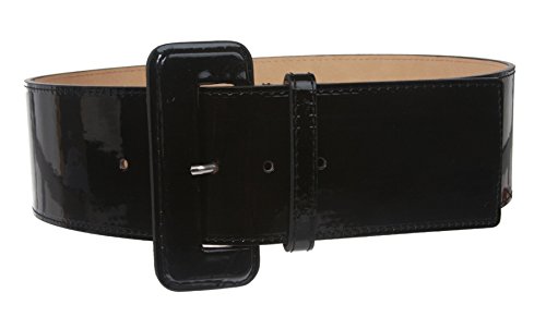 Ladies High Waist Wide Patent Fashion Plain Leather Belt, Black | M/L - 36
