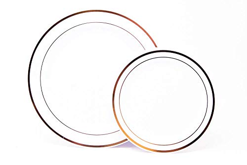 Feros Rose Gold Trim Disposable Plastic Plates | Porcelain Design | Premium Decorative Plasticware Special Occasions | 10.25" Dinner Plates - 7.5" Salad Plates - 60 Total