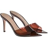 RYNKOMA Women'S Clear Pointed Open Toe Stiletto Heel Slide Sandals Fashion Sexy Slip On Transparent Strap High Heels Mules Summer Backless Party Wedding Prom Dress Shoes