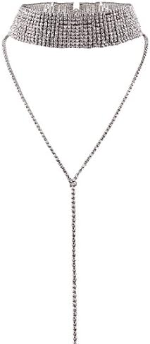 FANCY LOVE Women's Multi Layers Long Tassel Full Diamond Crystal Rhinestone Chocker Necklace(Silver)