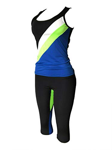 Women's Apparel Sports Gym Yoga Workout Activewear 2 Pieces Top+Leggings Set (L/XL = US Size 8-12, Blue/Green Black Mix) - Thumbnail 2