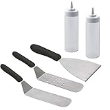 Tiger Chef 5 Pc Commercial Grade Grill Griddle BBQ Tool Accessories Kit –Stainless Steel Turner Spatula, Chopper Scraper, 2 Squeeze Bottles – For Flat Top Cooking, Grilling, Camping, Tailgating