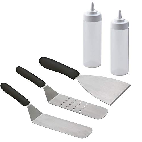 Tiger Chef 5 Pc Commercial Grade Grill Griddle BBQ Tool Accessories Kit –Stainless Steel Turner Spatula, Chopper Scraper, 2 Squeeze Bottles – For Flat Top Cooking, Grilling, Camping, Tailgating
