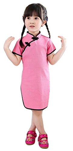 AvaCostume Chinese Traditional Cotton Linen Short Sleeves Cheongsam Qipao Dress
