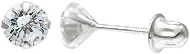 14K White Gold Round Cubic Zirconia (CZ) Single Basket Screw Back Stud Earrings - 2 mm to 10 mm