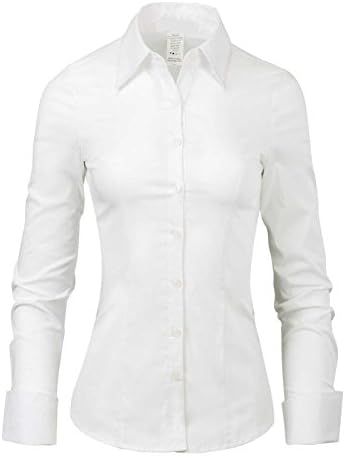 LA2NY Women's Tailored Long Sleeve Button down Shirts with Stretch (Large, White)