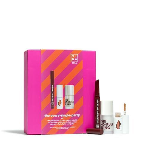 3INA MAKEUP - The Every-Single-Party - Make-Up Kit - The Cherry Lip Glaze + The Fyre Shadow + The No-Rules Bling Highlighter - Lippenstift + Lidschatten + Highlighter - Vegan - Cruelty Free