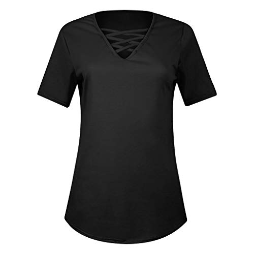 image for Behkiuoda Women V-Neck Shirt Short Sleeve T-Shirt Summer Cross Tops Bl