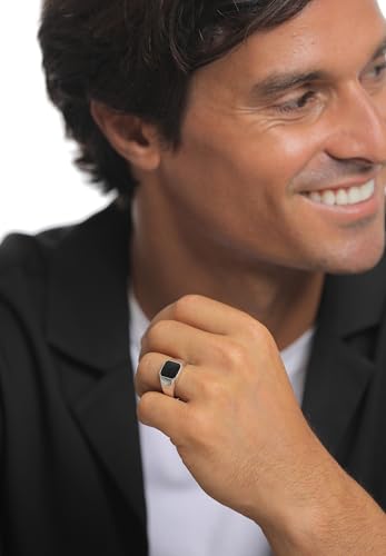 Kuzzoi Men's Signet Ring Octagon with Black Enamel in Solid 925 Sterling Silver, 10 mm Wide, Classic Silver Ring for Men, Polished in Size 60-66, 0610882720
