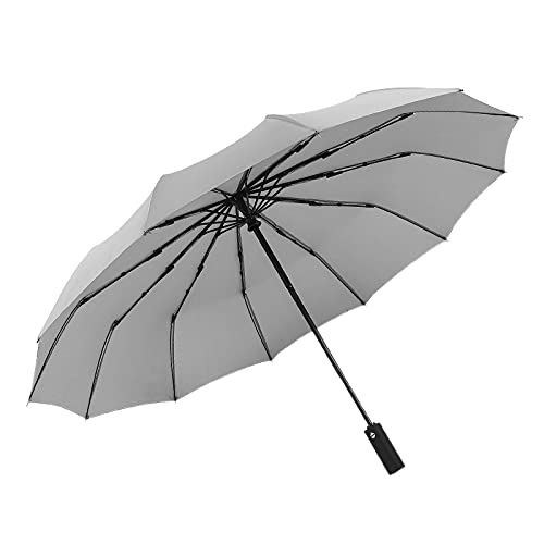 Sonline 12 Ribs Handheld Folding Umbrella Windproof Travel, Open/Rain Umbrellas for Mens Women-Gray