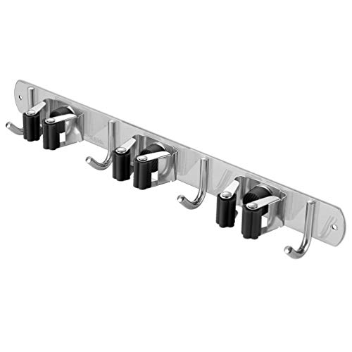 Fyrcomft Mop and Broom Holder Wall Mounted 15" Metal Heavy Duty Hanging Garage Tool Organizer Rack Adhesive with 3 Racks 4 Hooks, Black - Thumbnail 2