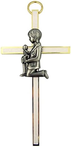SINGERstar case White Enamel First Holy Communion Brass Wall Cross, 4 Inch (Boy)