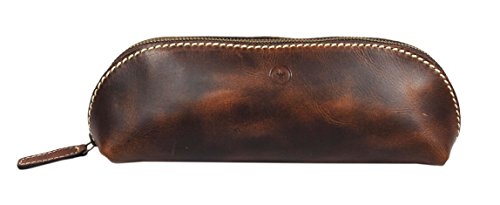 Vintage Leather Zippered Pen/Pencil Case | Classic Cylindrical Design Craft/Art Supplies Storing Kit | Portable Travel Cosmetics Makeup Pouch By Aaron Leather (Dark Brown)