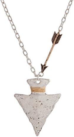 Women's Burnished Silver Tone Tribal Inspired Necklace with a Hammered 2 1/2" Arrowhead Pendant and a Burnished Gold Tone Arrow Station. Approximately 29" in Length.