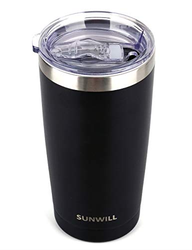 SUNWILL 20oz Tumbler with Lid, Stainless Steel Vacuum Insulated Double Wall Travel Tumbler, Durable Insulated Coffee Mug, Powder Coated Black, Thermal Cup with Splash Proof Sliding Lid