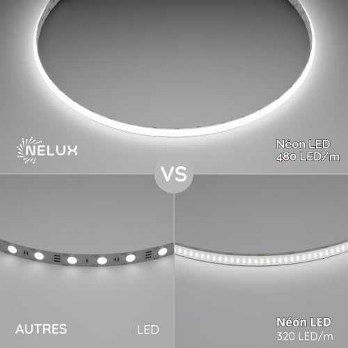 Ruban LED COB, Bande LED 5m Blanc Froid, Bandeau LED Cuisine Decoration Chambre TV, Strip Light 24V, Lumiere Dimmable, Interieur, 480LED/m, 6500K. Comprend Télécommande et Alimentation