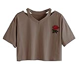 Abetteric Women Loose V Neck Rose Embroidery Navel T-shirt Top Brownness Small
