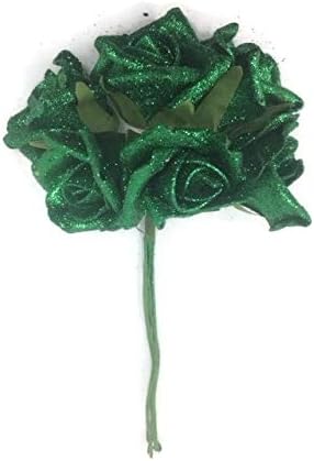 wfc 6 Glittered Artificial Foam Roses Christmas Bouquet Party Flowers (Emerald Green)