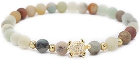 Women's 6mm Amazonite Stone Beads Bracelets Crystal Turtle Energy Bracelet, 7.2"