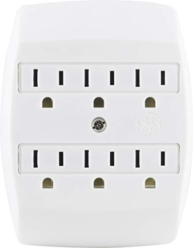 GE 6 Tap, Power Extender, Multi Plug Adapter, Wall Mount, 3-Prong, Grounded, Tamper Resistant Safety Outlets, UL Listed, White, 55200
