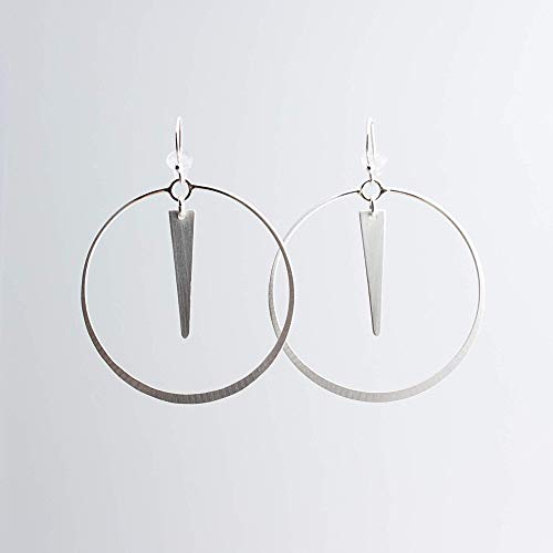 Large Flattened Circle Ring of Matte Sterling Silver Hoop Earrings with Trapezoid Component Drop SS-D43M-DROPMATTETRAP
