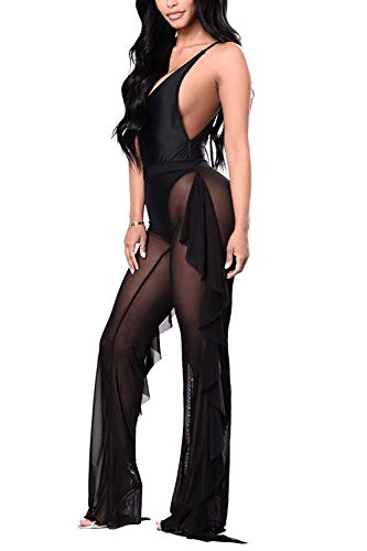 Willow Dance Women's Perspective Sheer Mesh Ruffle Pants Swimsuit Bikini Bottom Cover up (Black, XL)
