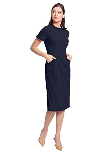 Maggy London Damen Etuikleid mit Rüschenkragen, Schräge Taschen Kleid, Twilight Navy, 46
