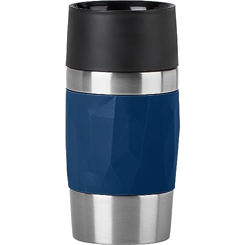 Emsa N21608 Travel Mug Compact Thermal/Insulated Mug Stainless Steel 0.3 litres 3 Hours Hot 6 Hours Cold BPA Free 100% Leak-Proof Dishwasher Safe 360° Drinking Opening Dark Blue