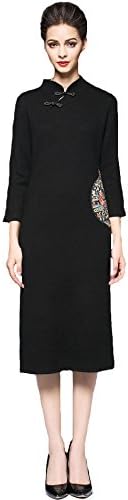 ZNFQC Women Retro Dresses Stand Collar Button Printing Slit Qipao Dress (M, Black)
