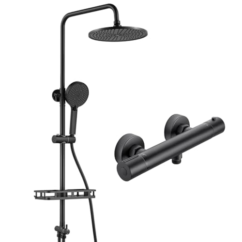 Auralum Regendusche Komplettset mit Duscharmatur, Edelstahl Duschsystem Set mit Messing-Wasserteiler, Bohrfree-Regal, Ø250mm Überkopfbrause, Badezimme