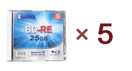 5pcs Gigablock ReWritable Blu-Ray BD-RE 1~2X 25GB Logo Printed Blank Media with Jewel Case