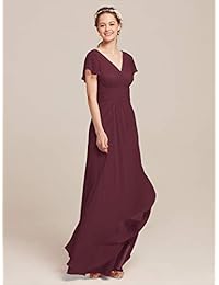 Vestido de dama de honor de gasa de AW con mangas Vestido de fiesta de noche maxi de boda con cuello en V Vestidos de fiesta largos y de talla grande