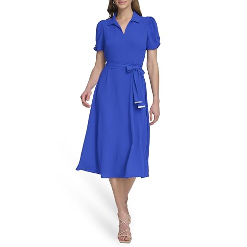 DKNY Women’s Short Sleeve Tie Fit & Flare Midi Dress, Cosmic Blue