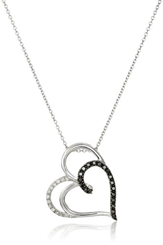 Sterling Silver Black and White Diamond Double-Heart Pendant Necklace (1/4 cttw), 18"
