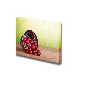 Canvas Prints Wall Art - Cherries in a Bucket on Old Wooden Table - Summer Fruits | Modern Wall Decor/Home Decoration Stretched Gallery Canvas Wrap Giclee Print. Ready to Hang - 12" x 18"