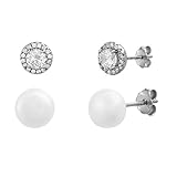 Ladies Earring Rhodium Plated Silver Center CZ and Pearl Mia Sarine