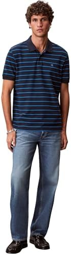 Uomo Maglietta Polo Maniche Corte Striped Pique con Chiusura con Bottoni, Blu (Dark Sapphire), M