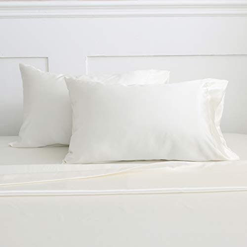 Vonty Satin Sheets Queen Ivory White Silky Satin Sheet Set, Deep Pocket