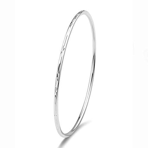 Merdia 925 Sterling Silver Bangle Bracelet with Simple Carved Flower Patterns - 6cm